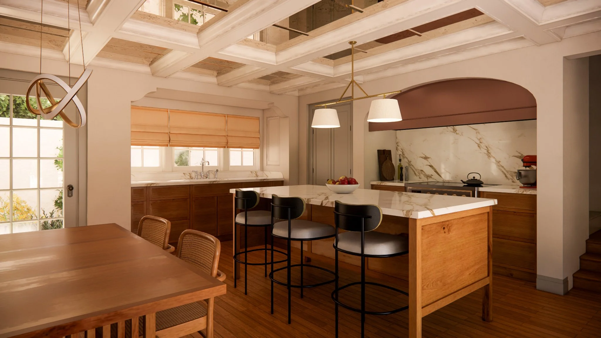 A cozy kitchen with a marble-topped island, black bar stools, wooden cabinets, and a window with beige blinds. There is a bowl of apples on the island and modern lighting fixtures above.
