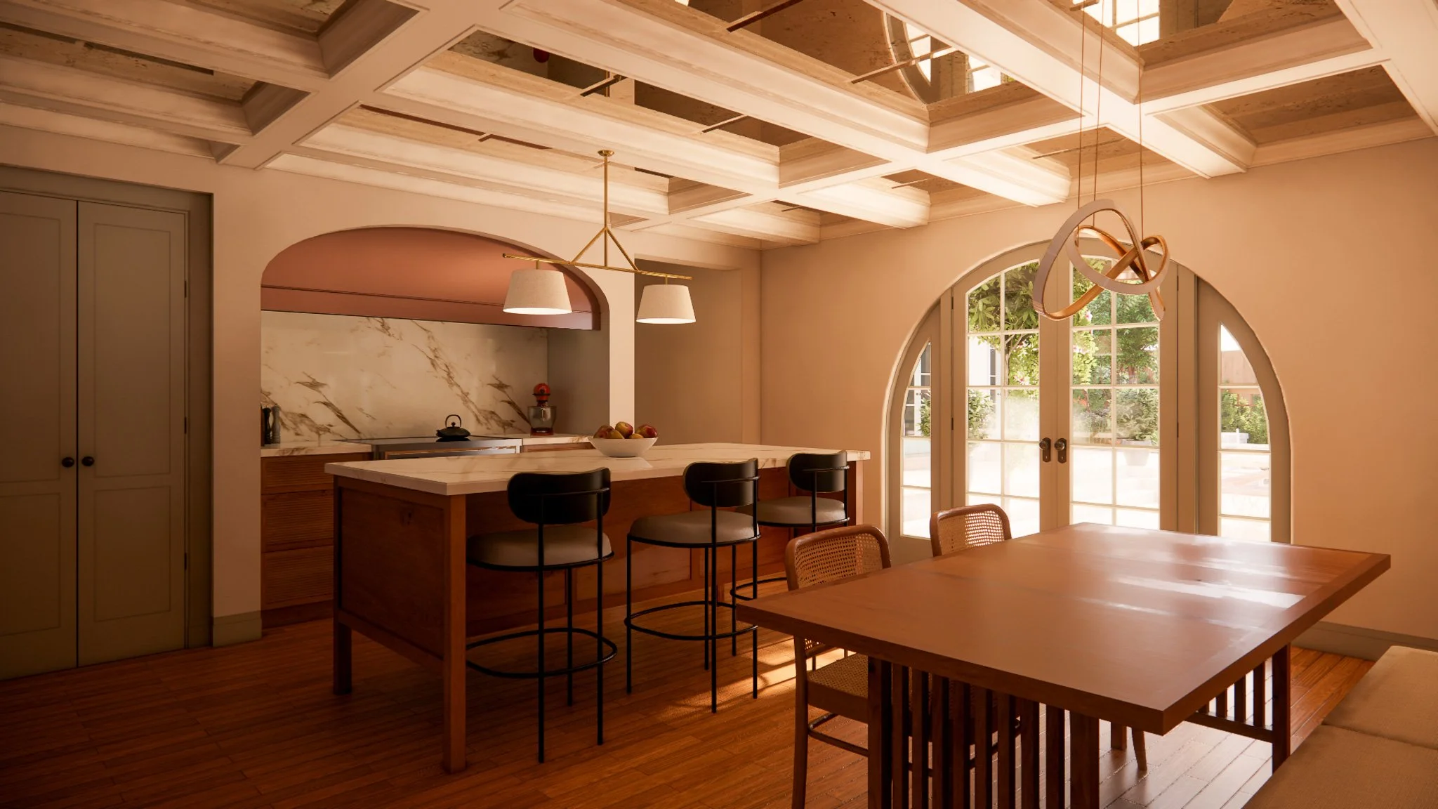 A cozy kitchen and dining area with a wooden dining table, black bar stools at a kitchen island, large arched glass doors, and warm lighting.