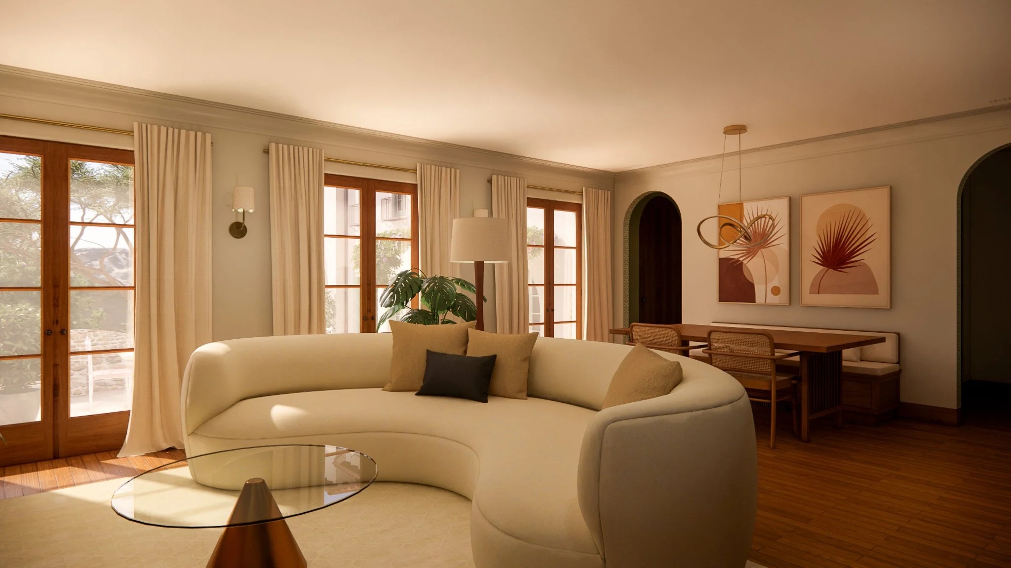 Bright living room with large windows, cream sofa with beige and black pillows, glass coffee table, wooden dining table with chairs, artwork on the wall, and hardwood floors.