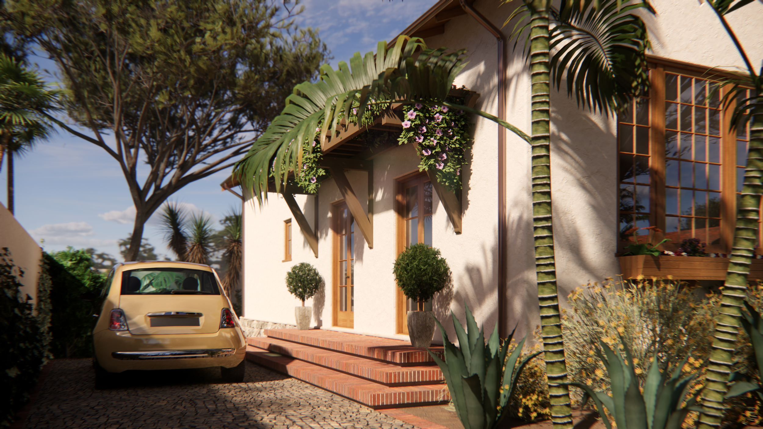 Exterior of a house with a parked yellow car, surrounded by tropical plants and trees, with brick steps leading to a wooden door.