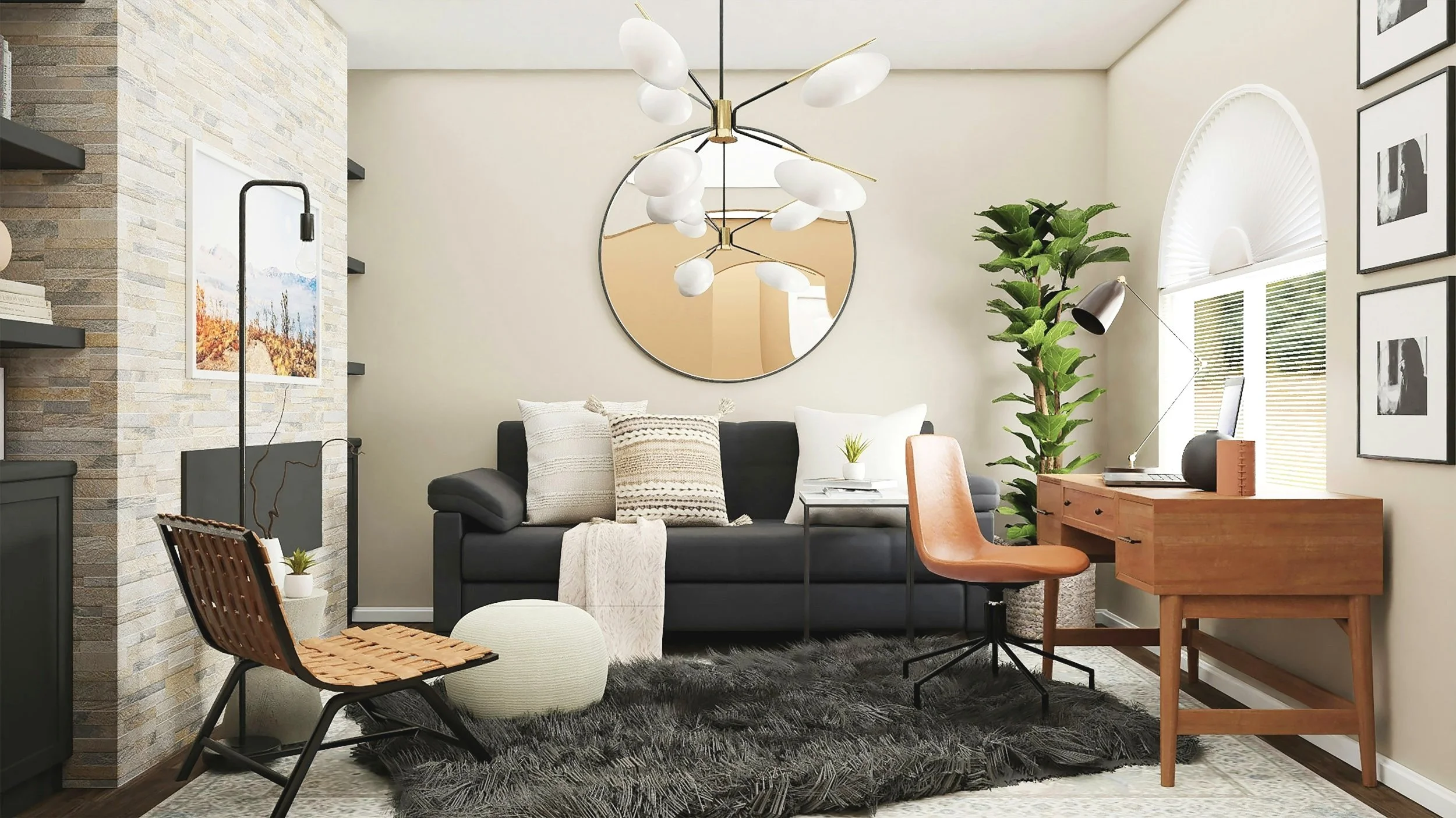Living room with black sofa, wooden desk, chairs, modern lighting, tall plant, wall art, round mirror, window blinds, and decorative pillows.