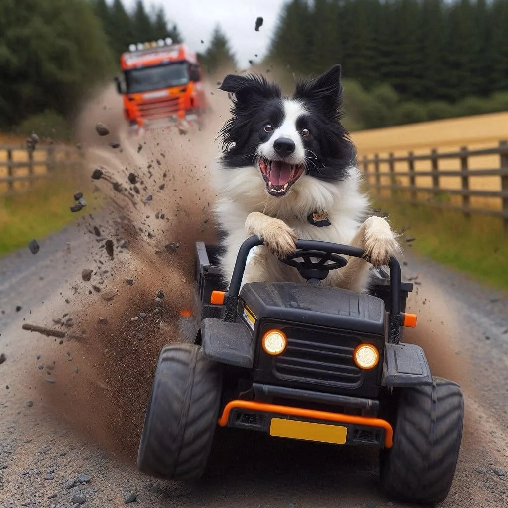 A black and white Border Collie dog riding on a toy car driving fast on a dirt road, with a blurred orange truck in the background and trees on either side, while dirt and rocks are flying up behind them.