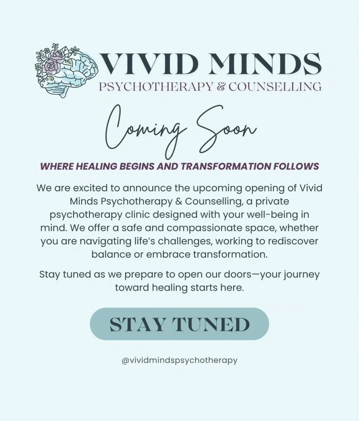 Stay tuned, something exciting is coming soon 🌺

We are excited to announce the upcoming opening of Vivid Minds Psychotherapy &amp; Counselling, a private psychotherapy clinic designed with your well-being in mind. 

We offer a safe and compassionat
