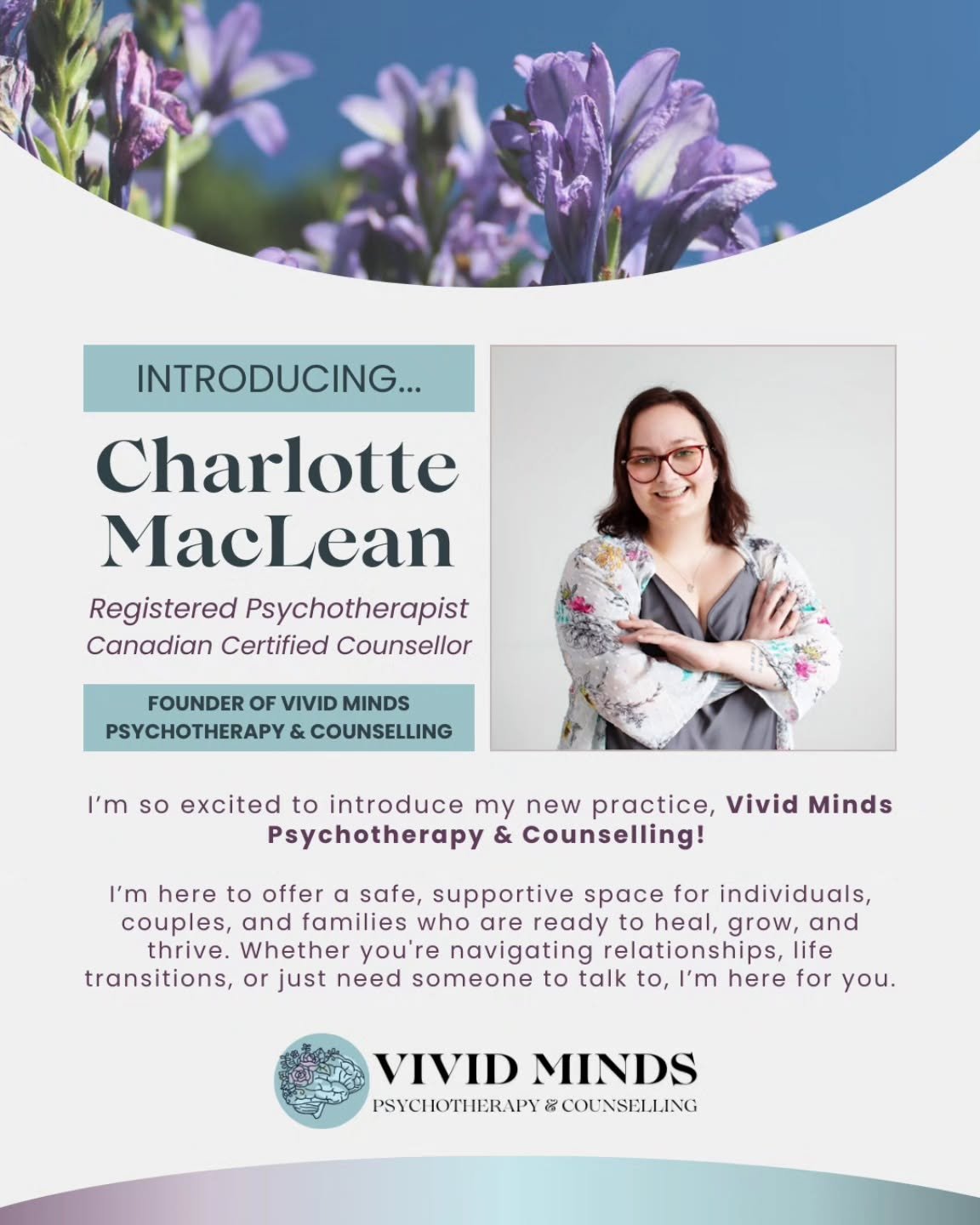 ✨ Hello, Ontario! ✨

I&rsquo;m Charlotte MacLean, and I&rsquo;m so excited to introduce my new practice, Vivid Minds Psychotherapy &amp; Counselling! 💭✨

I&rsquo;m here to offer a safe, supportive space for individuals, couples, and families who are