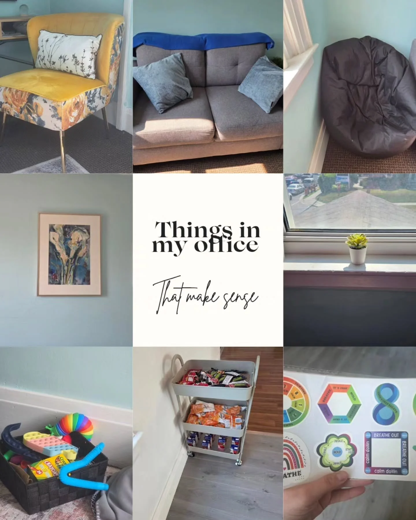 Things in my therapy office that just make sense 🧠✨

☕️ Coffee + tea bar for cozy vibes
🍿 Snack station&mdash;because healing takes energy
🪑 Seating options to fit you
🎨 Thoughtful artwork + tools on the walls
🖊️ Spaces to write what words can&r