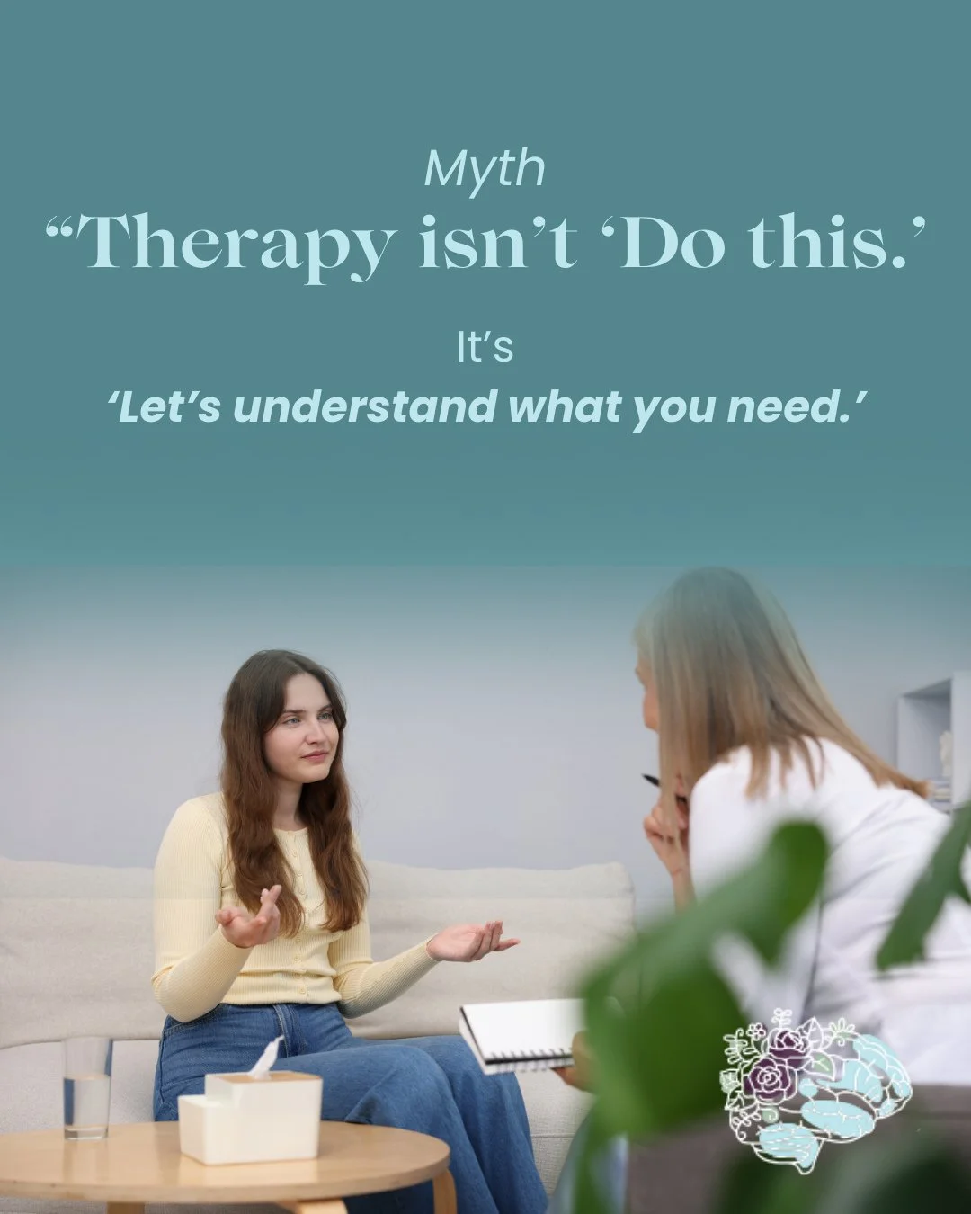 Myth: &ldquo;Therapists just tell you what to do.&rdquo; 🙅&zwj;♀️⁠
In our work together, we explore your story, your values, and your patterns so that you can make informed, empowered choices&mdash;without judgment or quick fixes. 🌱⁠
⁠
It&rsquo;s l