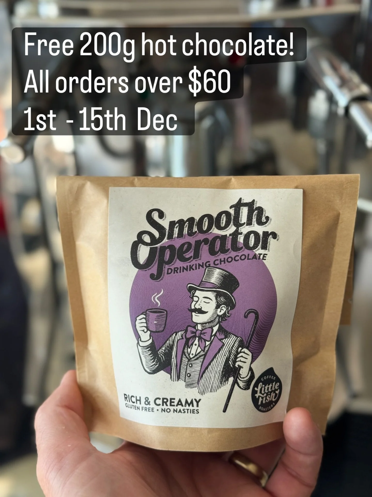 Starting Monday 1st Dec through to Monday 15th, we&rsquo;re celebrating the Christmas season with a sweet treat &mdash; enjoy a complimentary 200g bag of Smooth Operator hot chocolate with any order over $60! Remember, this is a GF, no nasties hot ch