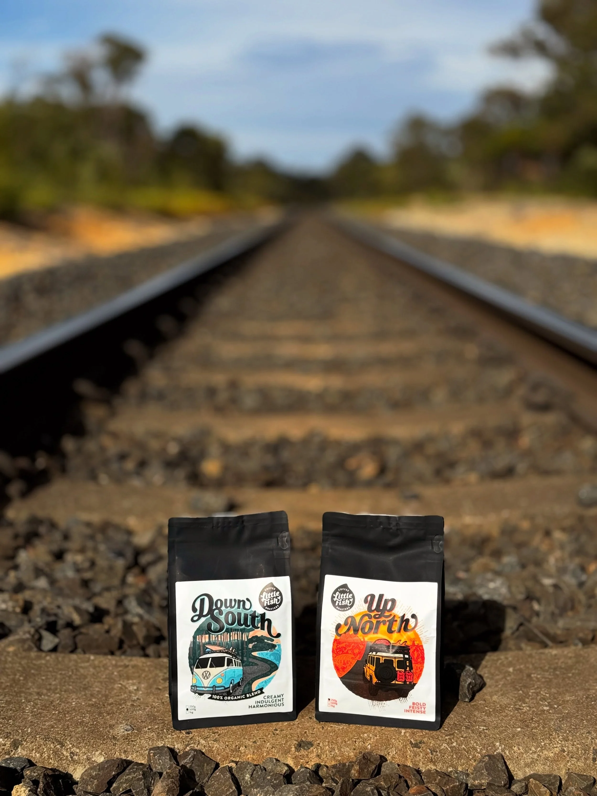 Two iconic identities that borrow the names of our much loved adventure spot. Each with a polar opposite landscape and matching flavour profile and identity. Which side of the track are you? #downsouth #upnorth #littlefishcoffee
