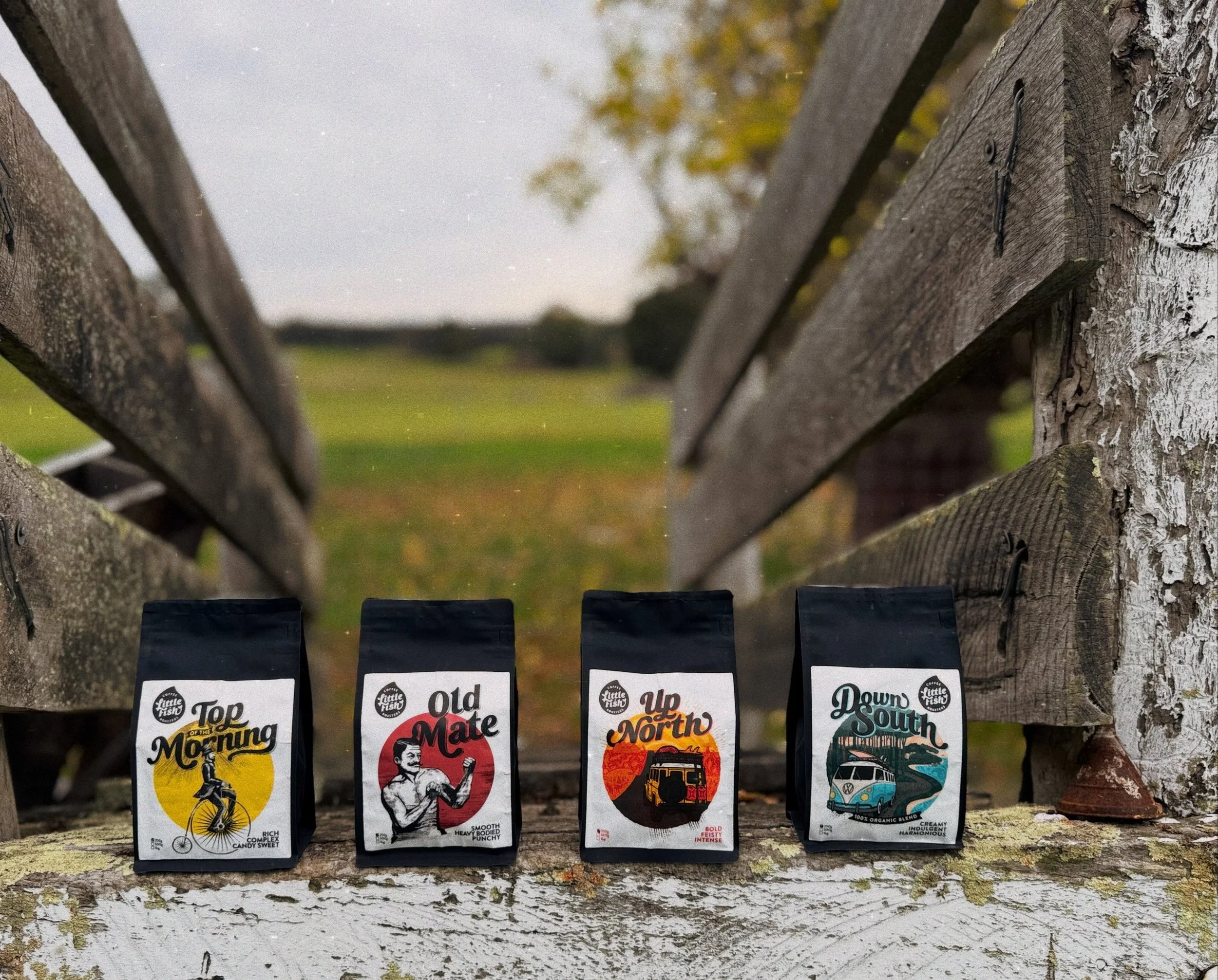 Meet the gang.. Each blend designed to please a mood or motley crew. Super tasty, intentional and crafted with bold specialty coffee. From left to right, introducing:

Top of the Morning Blend 
Rich, Complex &amp; Candy-sweet

Old Mate Blend 
Smooth,
