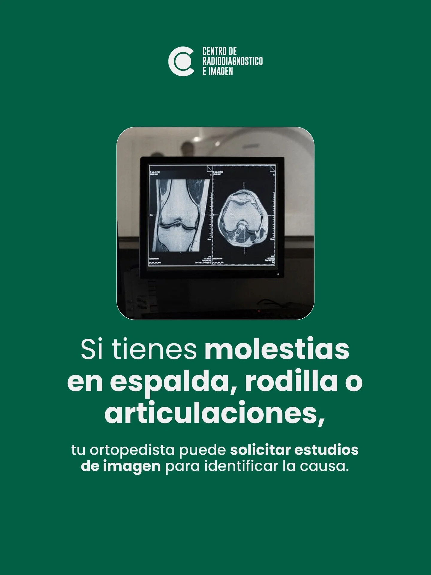 &iquest;Dolor en espalda, rodilla o articulaciones?
Tu ortopedista puede solicitar estudios de imagen para identificar la causa y darte el tratamiento adecuado.
En CDR evaluamos:
&bull; Fracturas
&bull; Lesiones en meniscos y ligamentos
&bull; Hernia