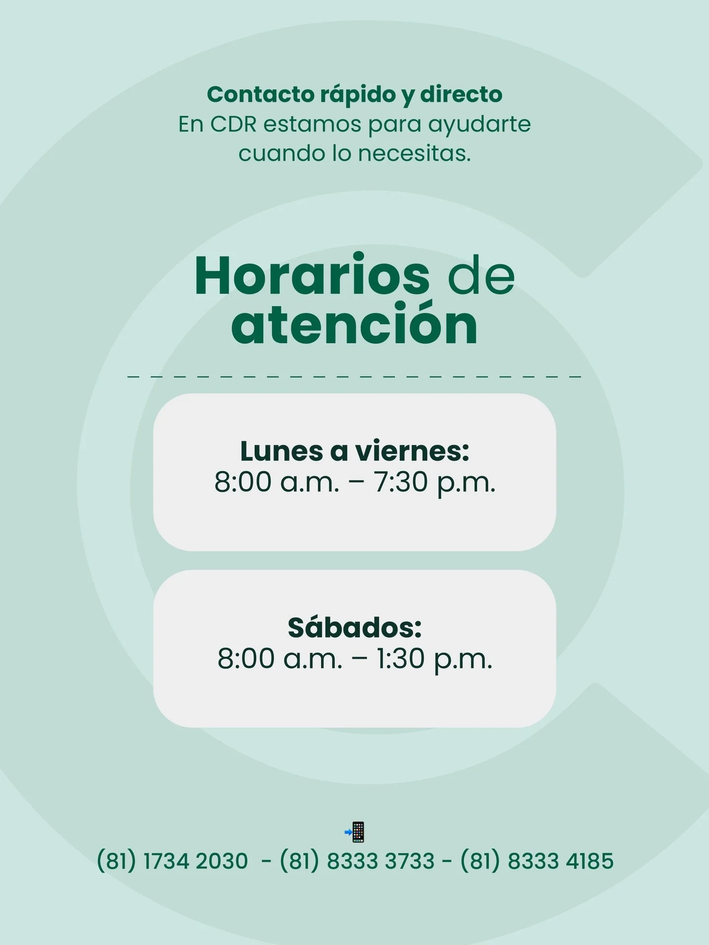 &iexcl;Atenci&oacute;n clara y oportuna!

Conoce nuestros horarios de servicio.

👉🏼81 1734 2030 / 81 8333 4185 📍Hidalgo 2315 Col. Obispado Mty, N.L