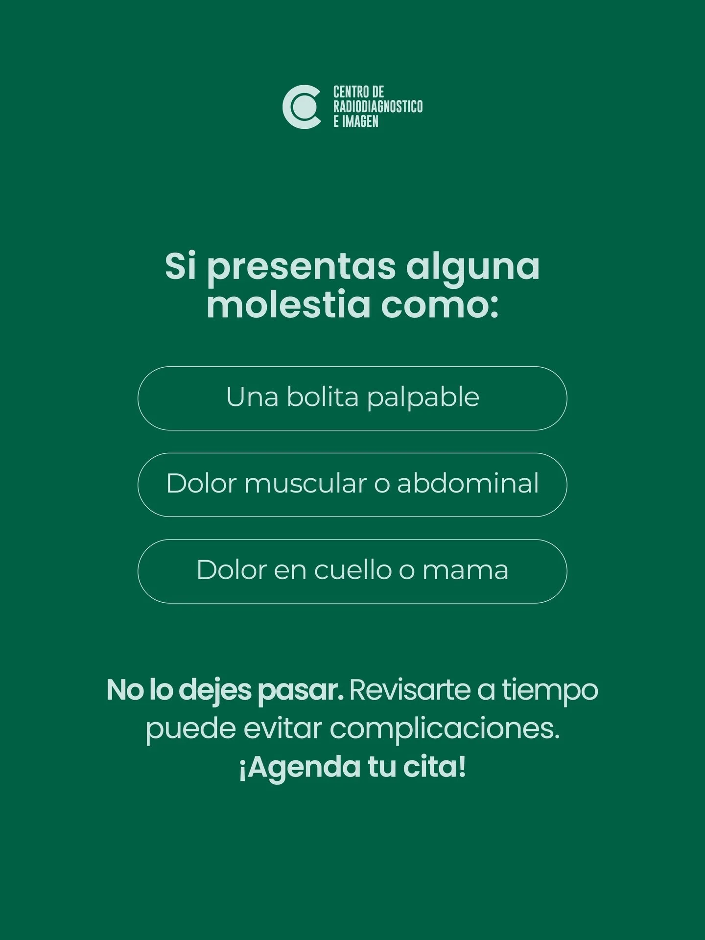 Ante cualquier bolita, dolor muscular, abdominal o en cuello o mama, no lo ignores.

Una valoraci&oacute;n oportuna puede prevenir complicaciones y darte tranquilidad.
&iexcl;Ac&eacute;rcate con nosotros!

👉🏼81 1734 2030 / 81 8333 4185 📍Hidalgo 23