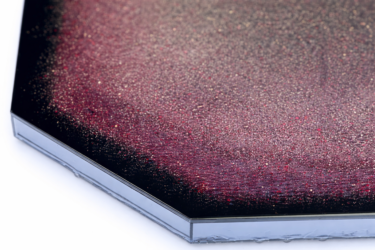 Close-up of Nocturne.  2025.  Tempera and resin on grey-mirrored Perspex.  45 x 48cm. 