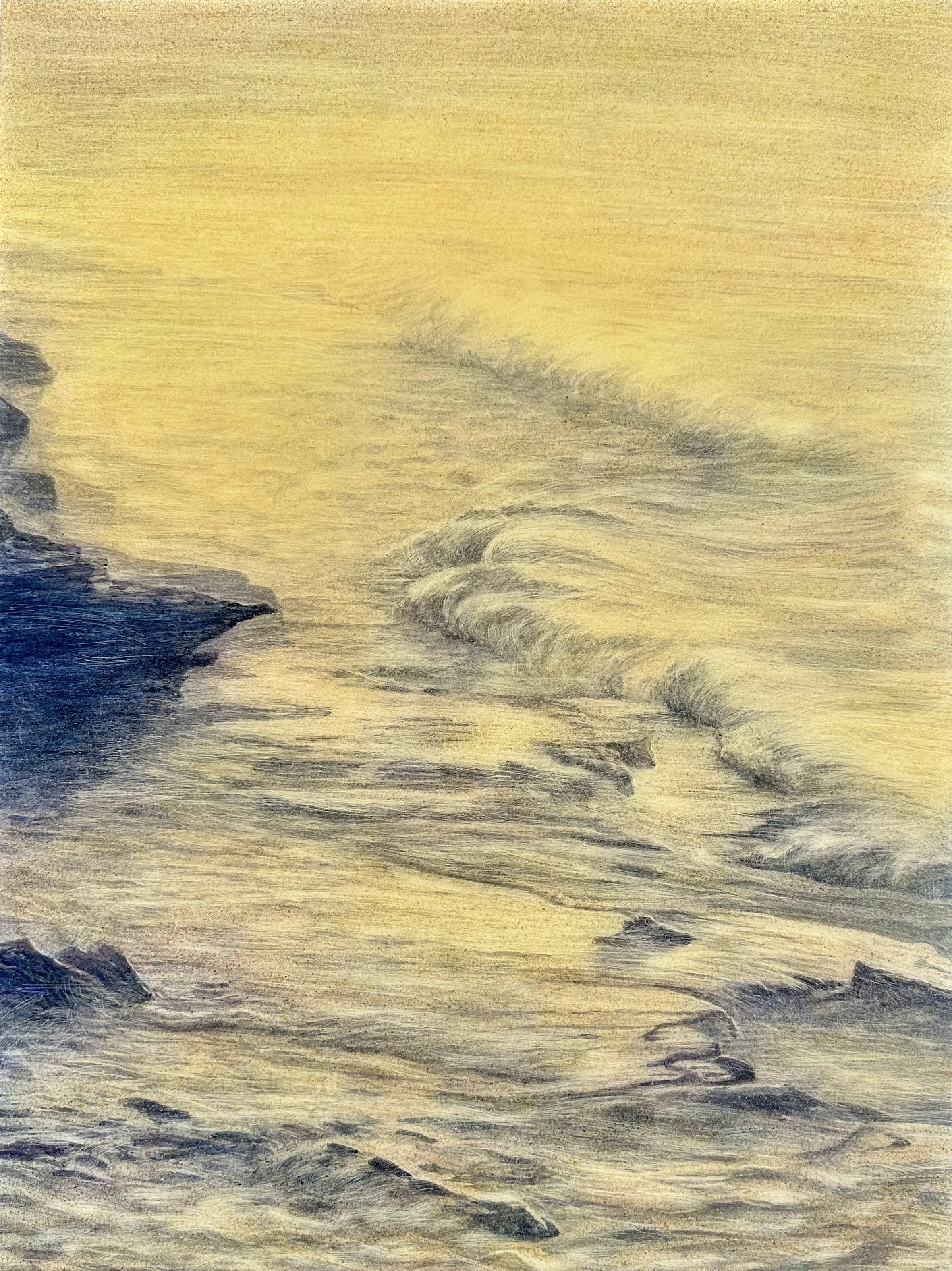 Rock ledge at dawn.  2025.  Tempera and resin on board.  61 x 46cm. 