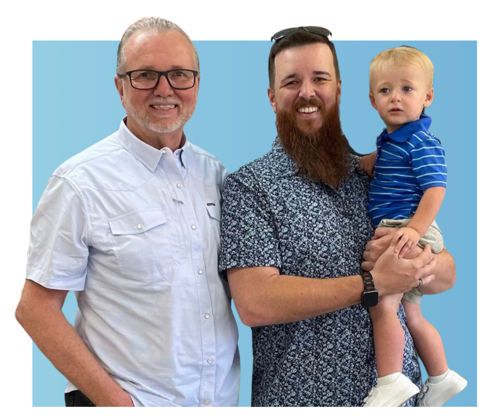 Three males and one young boy posing together, with a background of colorful arts and crafts.
