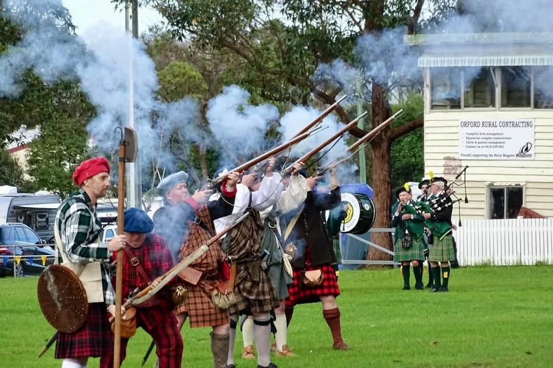 Family day at Berry Celtic Festival NSW: pipe bands, highland dancing, Clans, medieval battles in historic Berry
