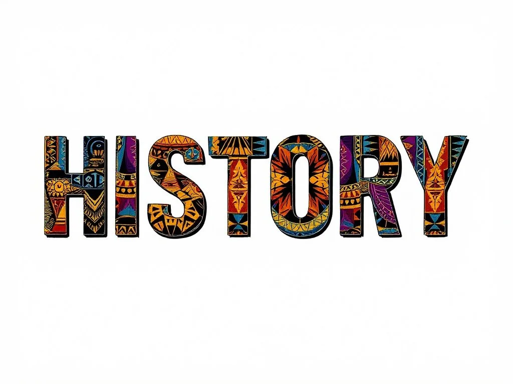 The word 'HISTORY' with colorful tribal patterns inside the letters, on a white background.