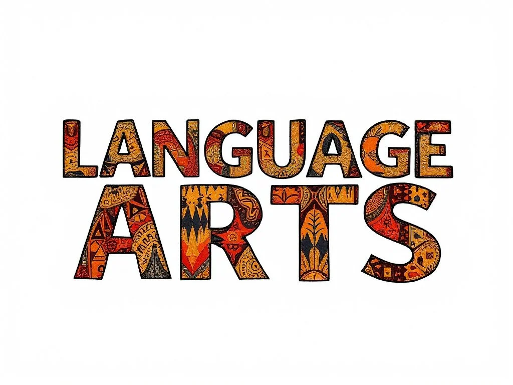 "Language Arts" text with intricate patterns in warm colors