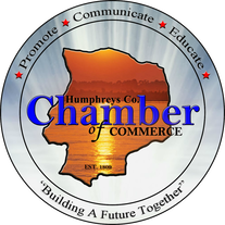 Logo for Chamber of Commerce featuring an outline of Texas with a sunset or sunrise background. Text includes 'Humphreys Co.' and 'Chamber of Commerce,' with the words 'Promote, Communicate, Educate, Build a Future Together' around the circle.