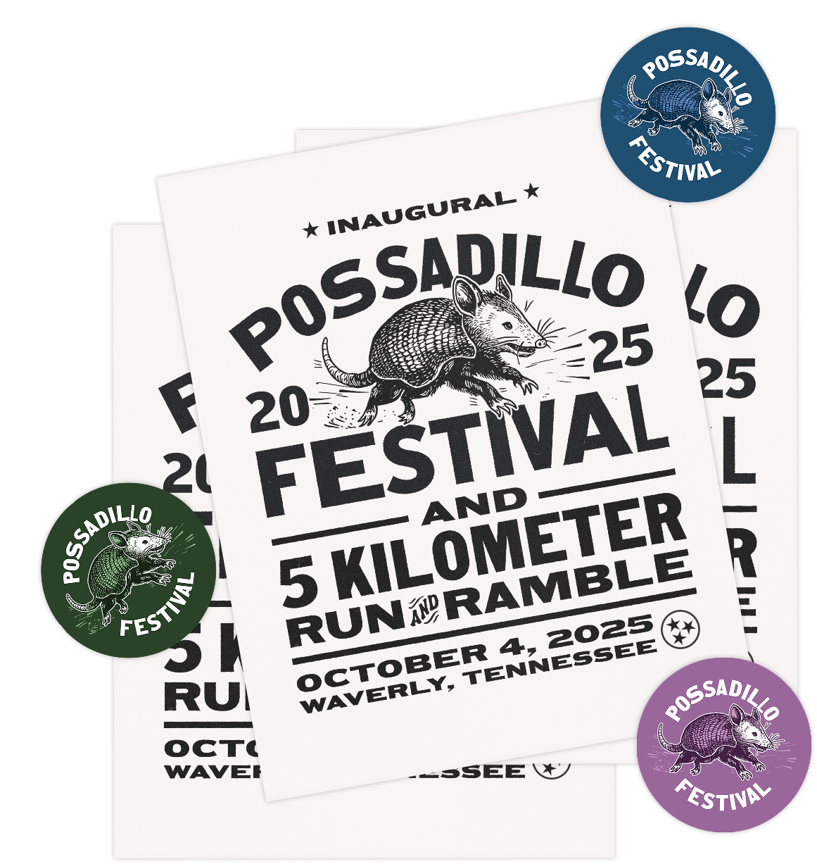 Flyers and pins for the inaugural Possadillo Festival featuring a rat illustration, event date October 4, 2025, in Waverly, Tennessee.