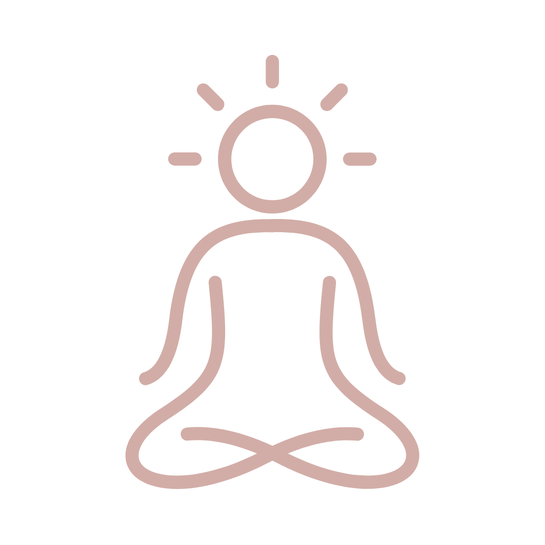 Line drawing of a person meditating with light rays around the head.