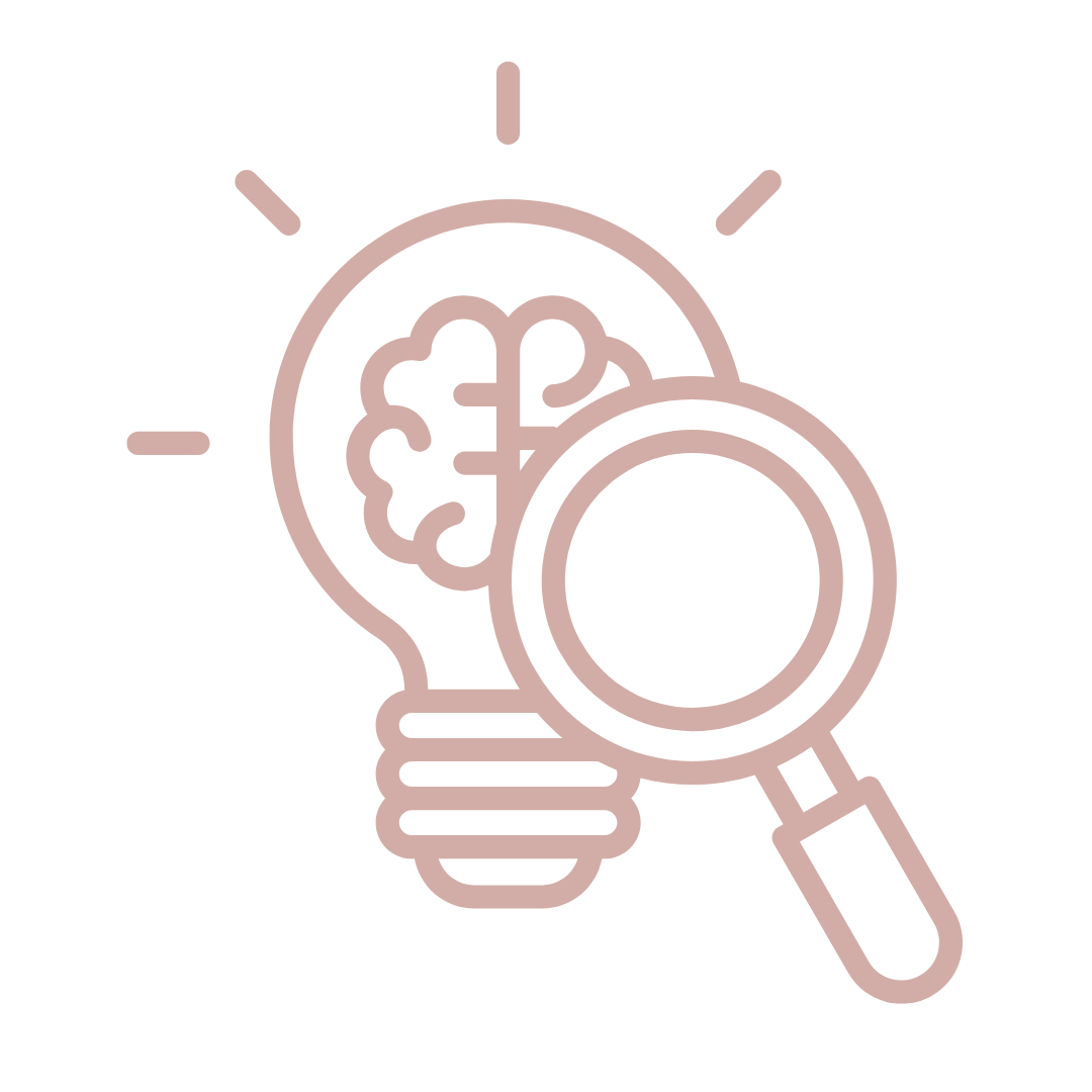 Illustration of a light bulb with a brain inside and a magnifying glass overlapping it, symbolizing innovative thinking and research.