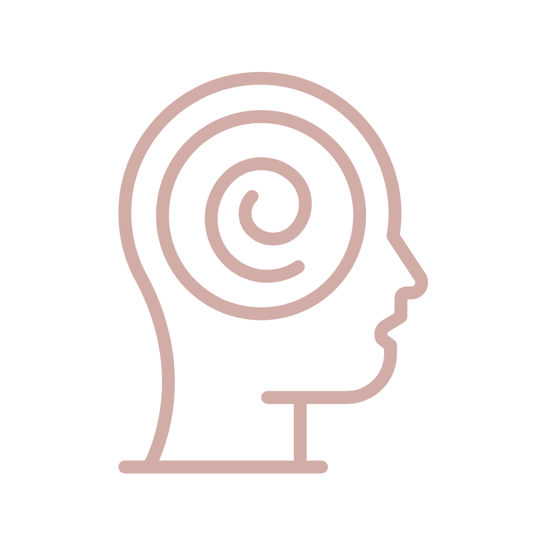 Outline of a human head with a spiral inside symbolizing thoughts or mind
