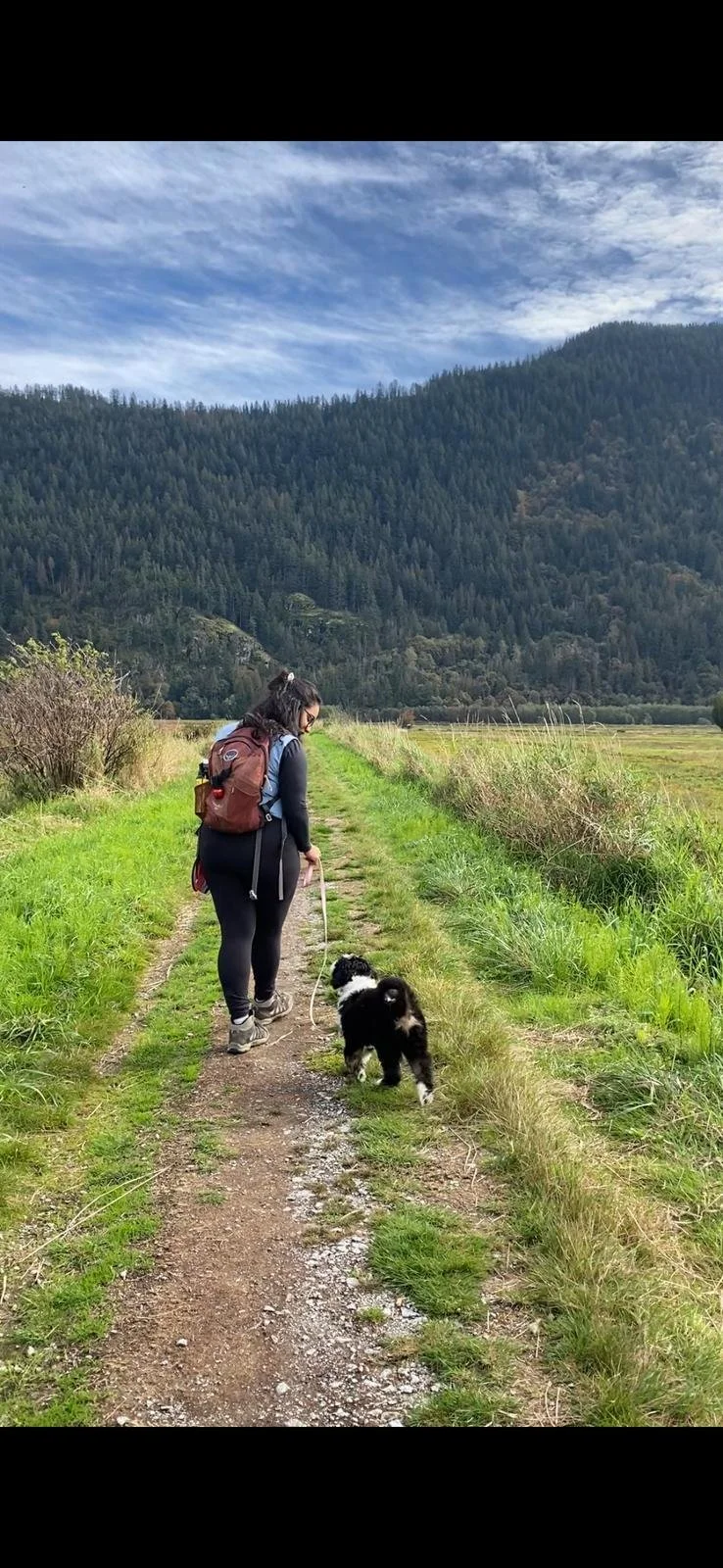 A woman walking with a black and white dog on a leash along a grassy trail in a lush, mountainous landscape under a partly cloudy sky.