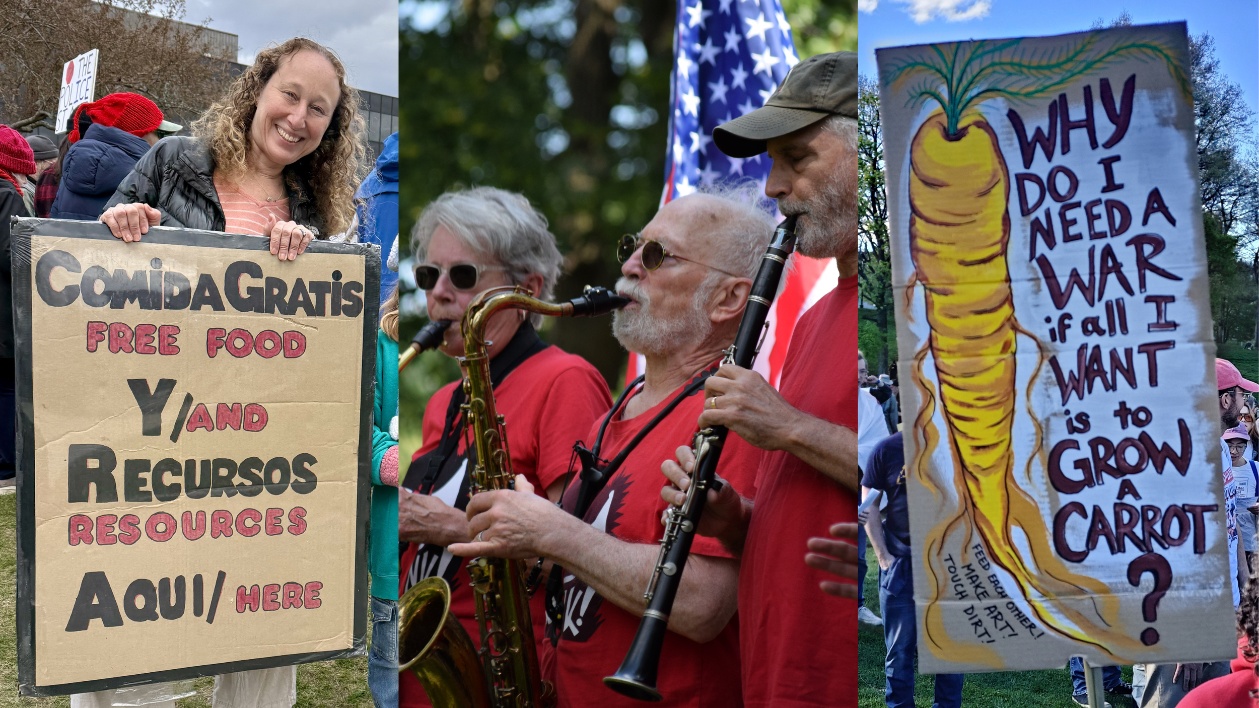A collage of a woman holding a sign advertising free food and resources, musicians playing wind instruments, and a painting of a carrot with text saying “why do I need a war if all I want is to grow a carrot” and encouraging us to feed each other.