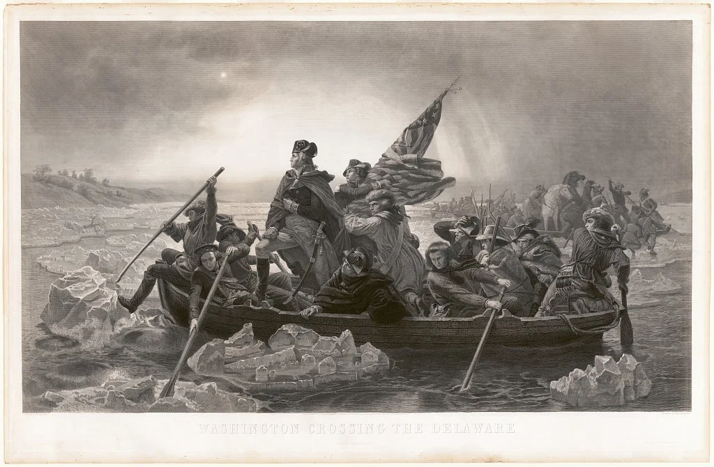 An illustrated image of people crossing a river in a wooden boat.