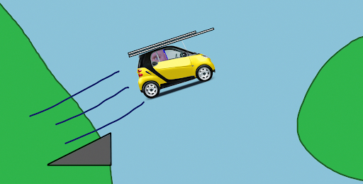 A smart car, in mid-air after speedy launch from a ramp, presumably jumping from northern Massachusetts to Cape Cod.