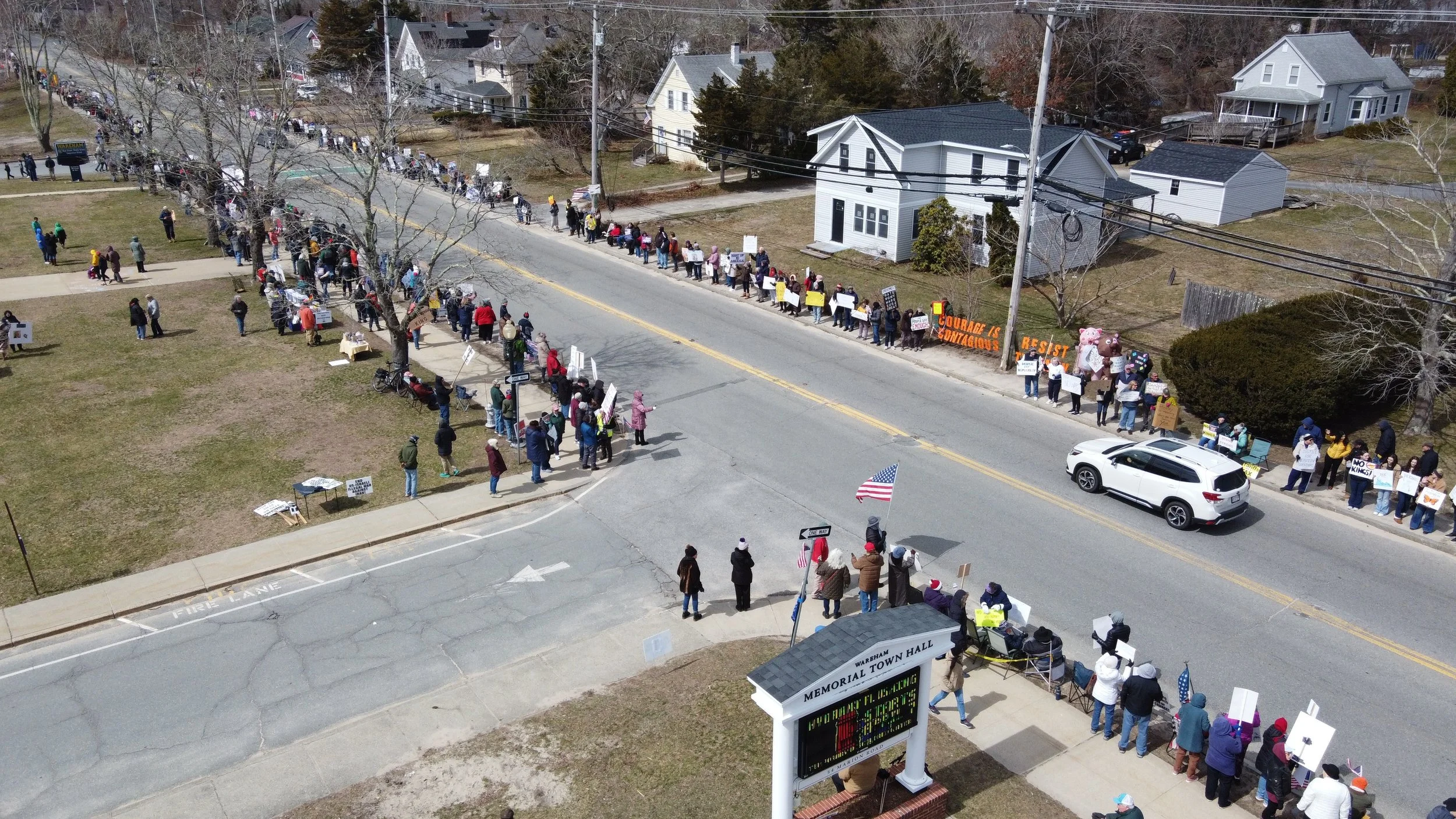 Aerial photo of No Kings III in Wareham by Mass 50501 volunteer.