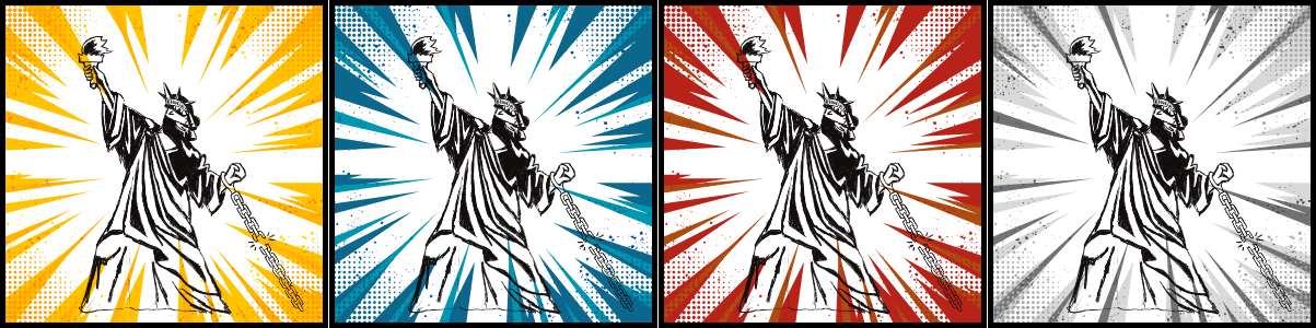 A defiant Statue of Liberty breaking the chains of oppression