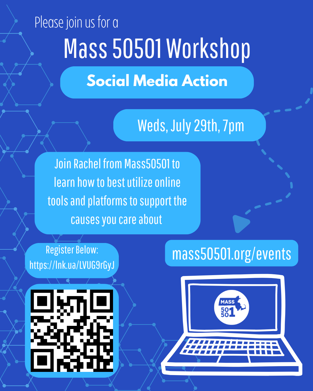 Mass fifty fifty one social media action workshop flyer.