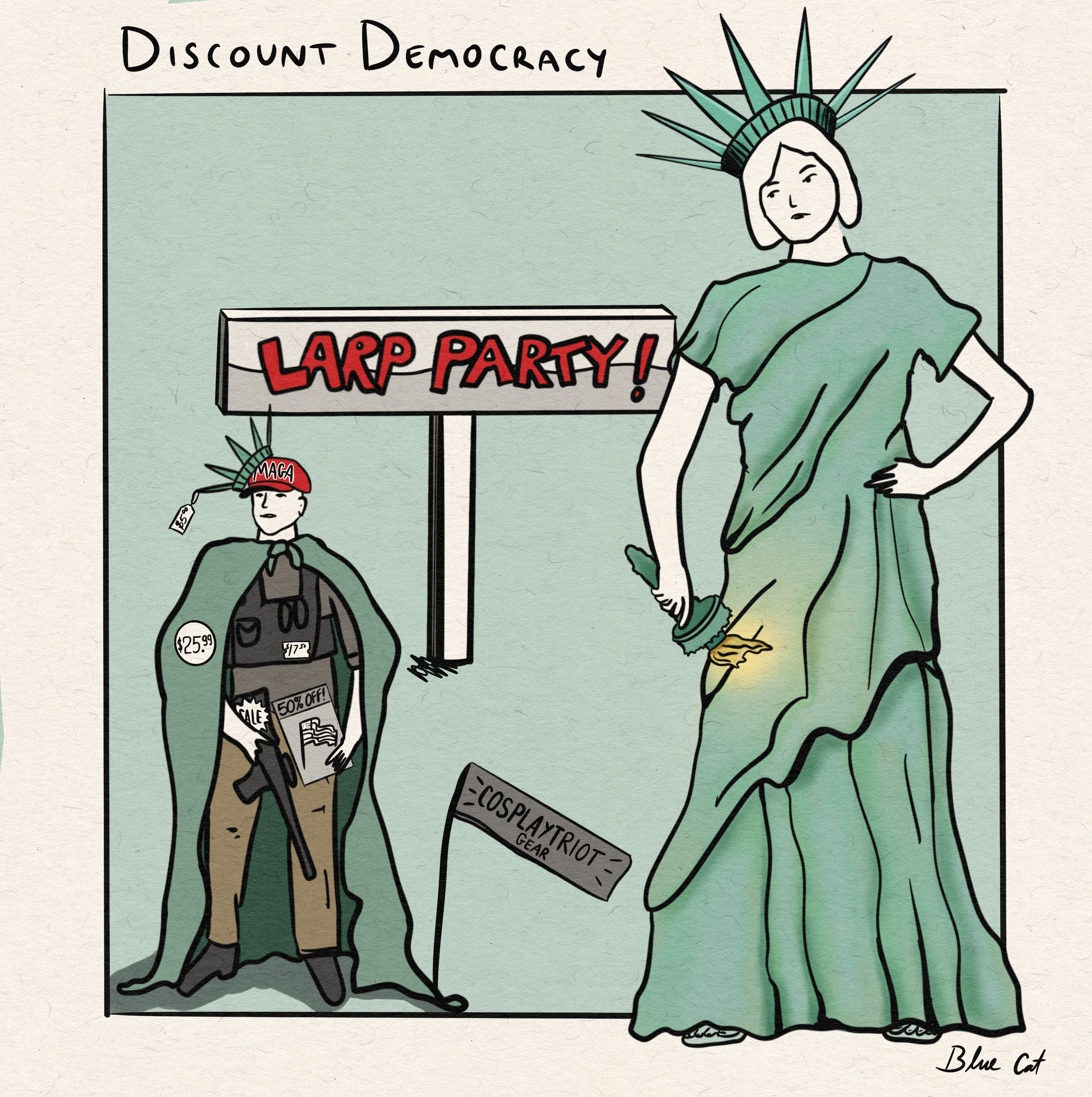 A judgemental Lady Liberty looking down on a paramilitary MAGA man with price tags on all of his combat gear.