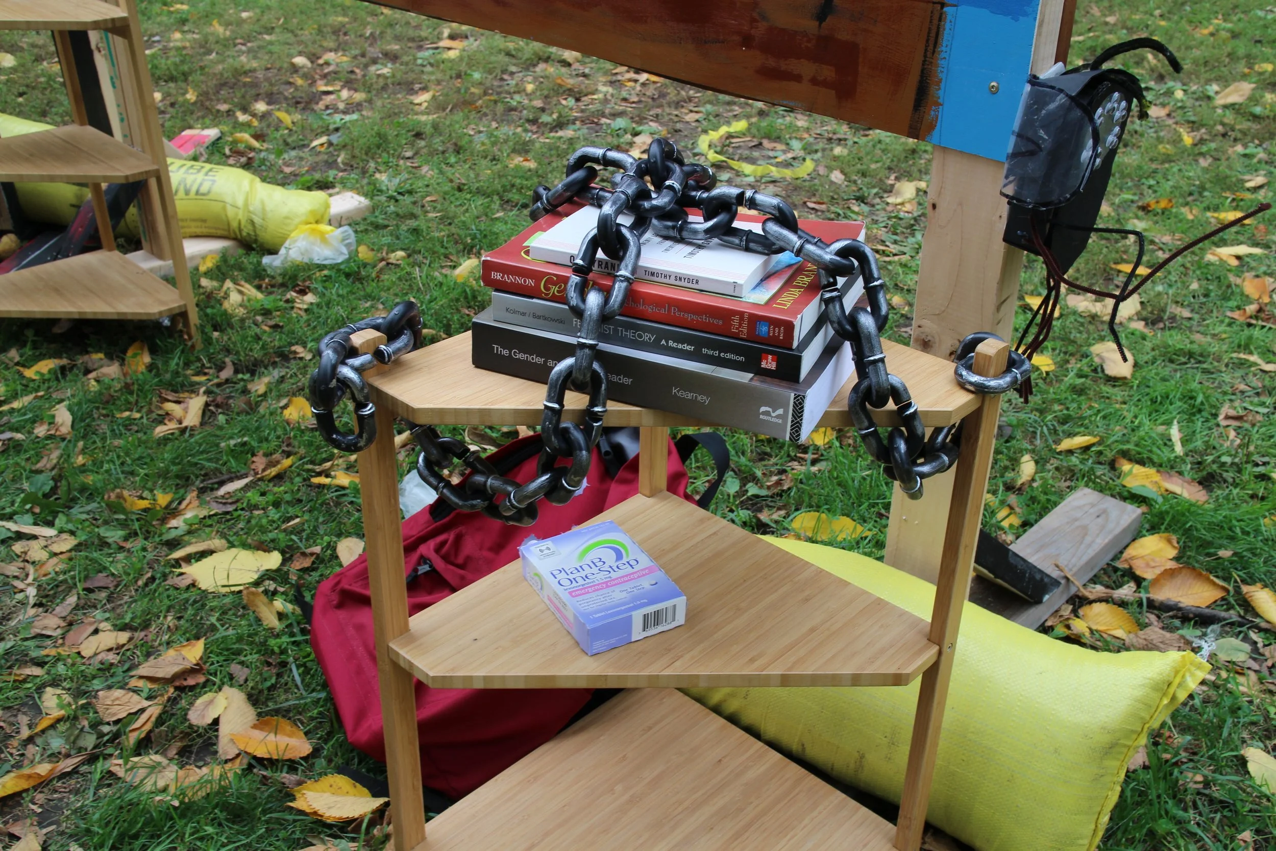 A stack of books on gender, feminism, and tyranny chained to the top of a small bookshelf, with a box of Plan B contraceptive on one of the lower shelves and a stylized model Flock camera with an array of eyes.