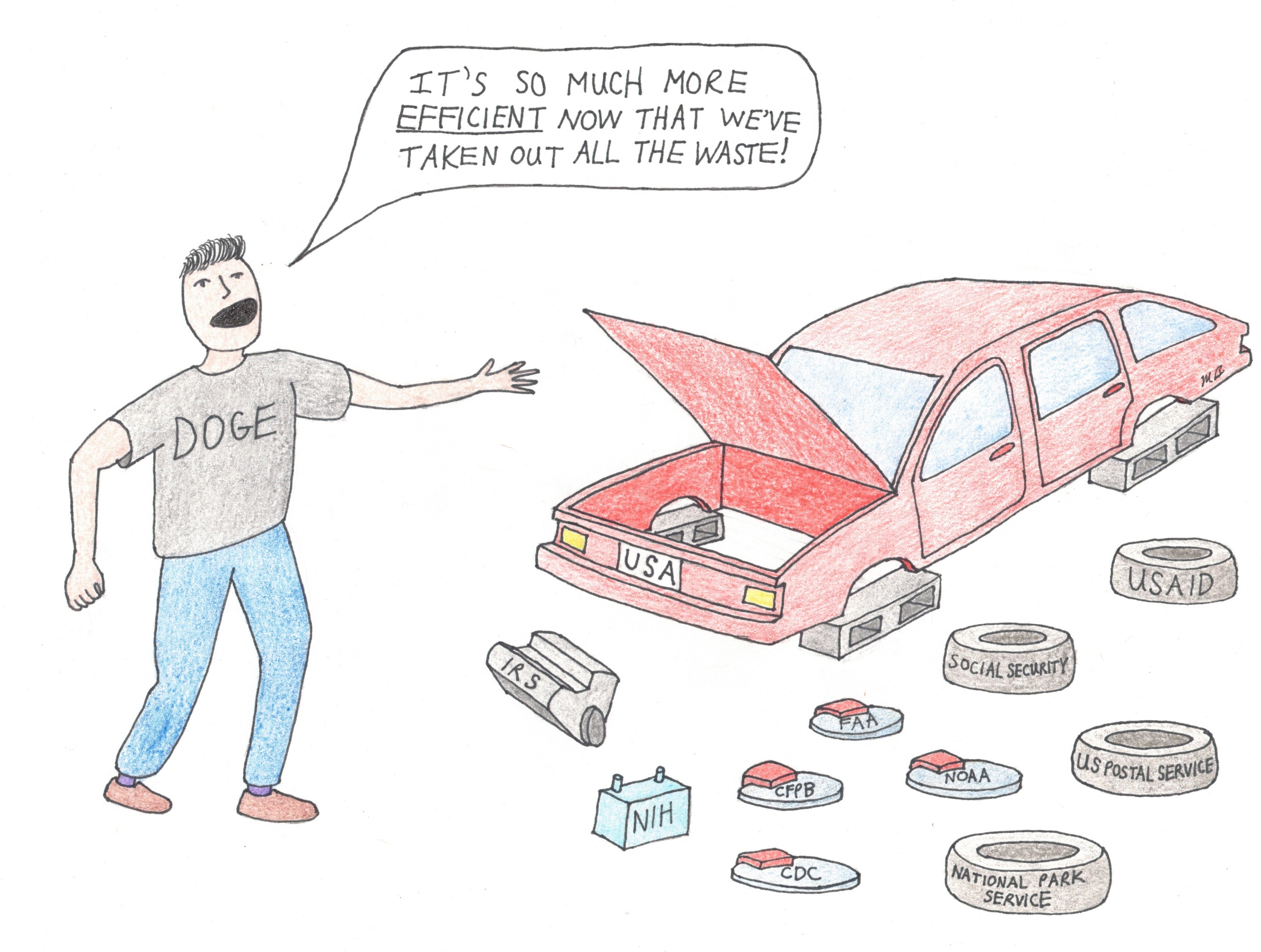 A man wearing a DOGE shirt bragging about efficiency next to a car labeled “USA” with the hood open and the engine and tires removed, surrounded by automotive parts with labels corresponding to government agencies, e.g. USAID, IRS, NIH, CDC and C