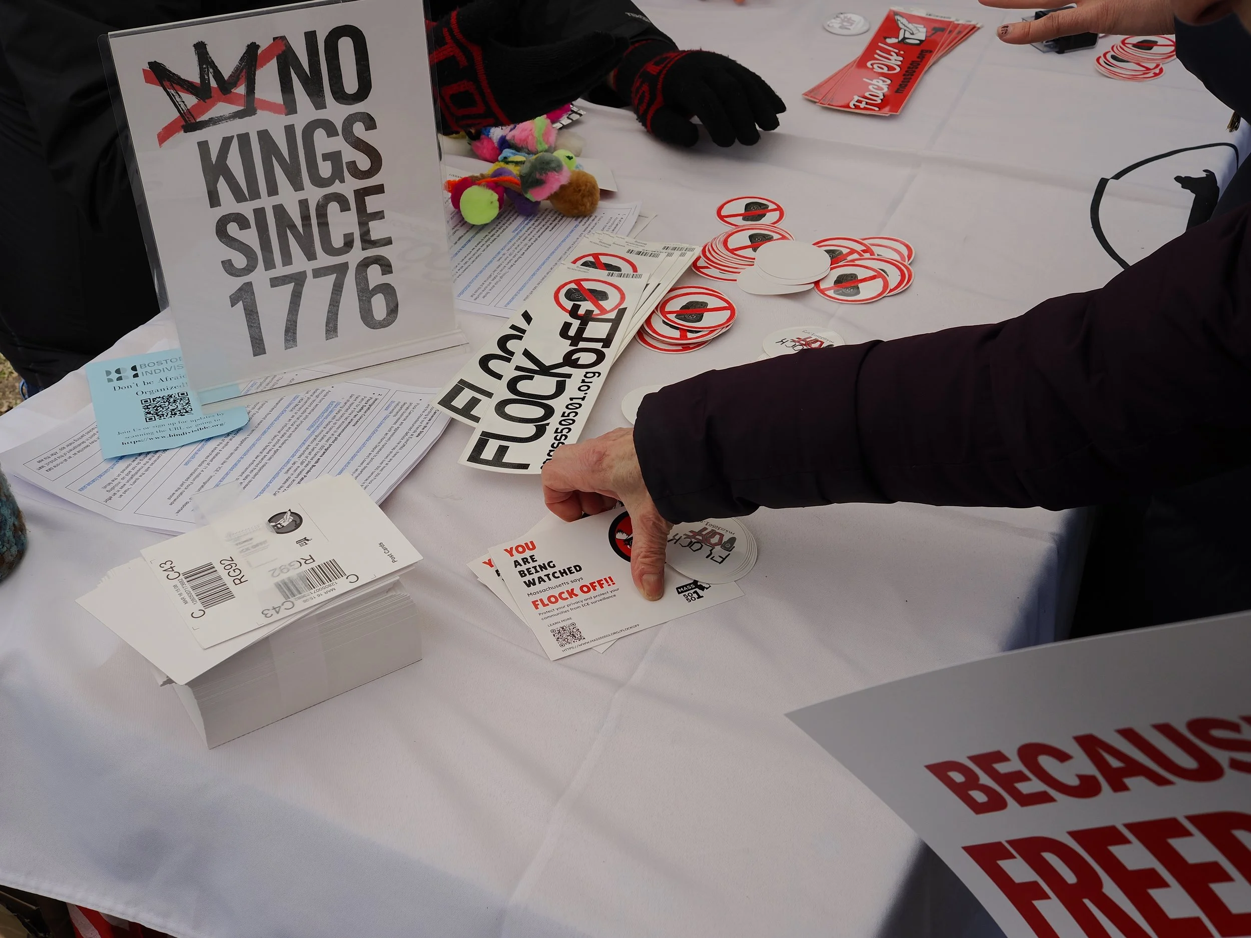 Table filled with signs, stickers, and flyers that say Flock Off at a Mass 50501 table.