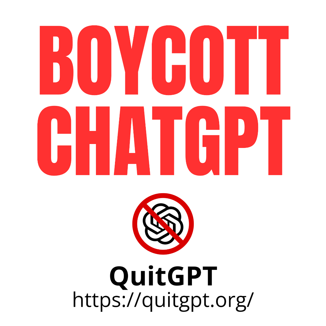 An OpenAI brand with a line struck through it, under the heading "Boycott ChatGPT", with the text "QuitGPT: https://quitgpt.org/"