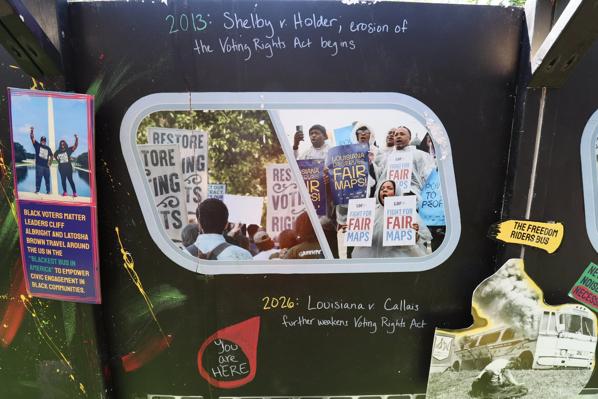 Pictures of activists holding signs saying “Fight for fair maps” alongside descriptions of Supreme Court decisions Shelby v. Holder (2013) and Louisiana v. Callais.