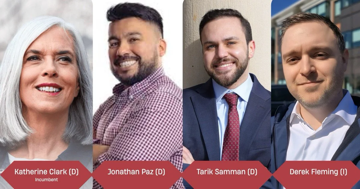 Headshots of the Massachusetts 5th Congressional District candidates. Text labeling each headshot reads, “Katherine Clark (D) incumbent”, “Jonathan Paz (D)”, “Tarik Samman (D)”, and “Derek Fleming (I)”.