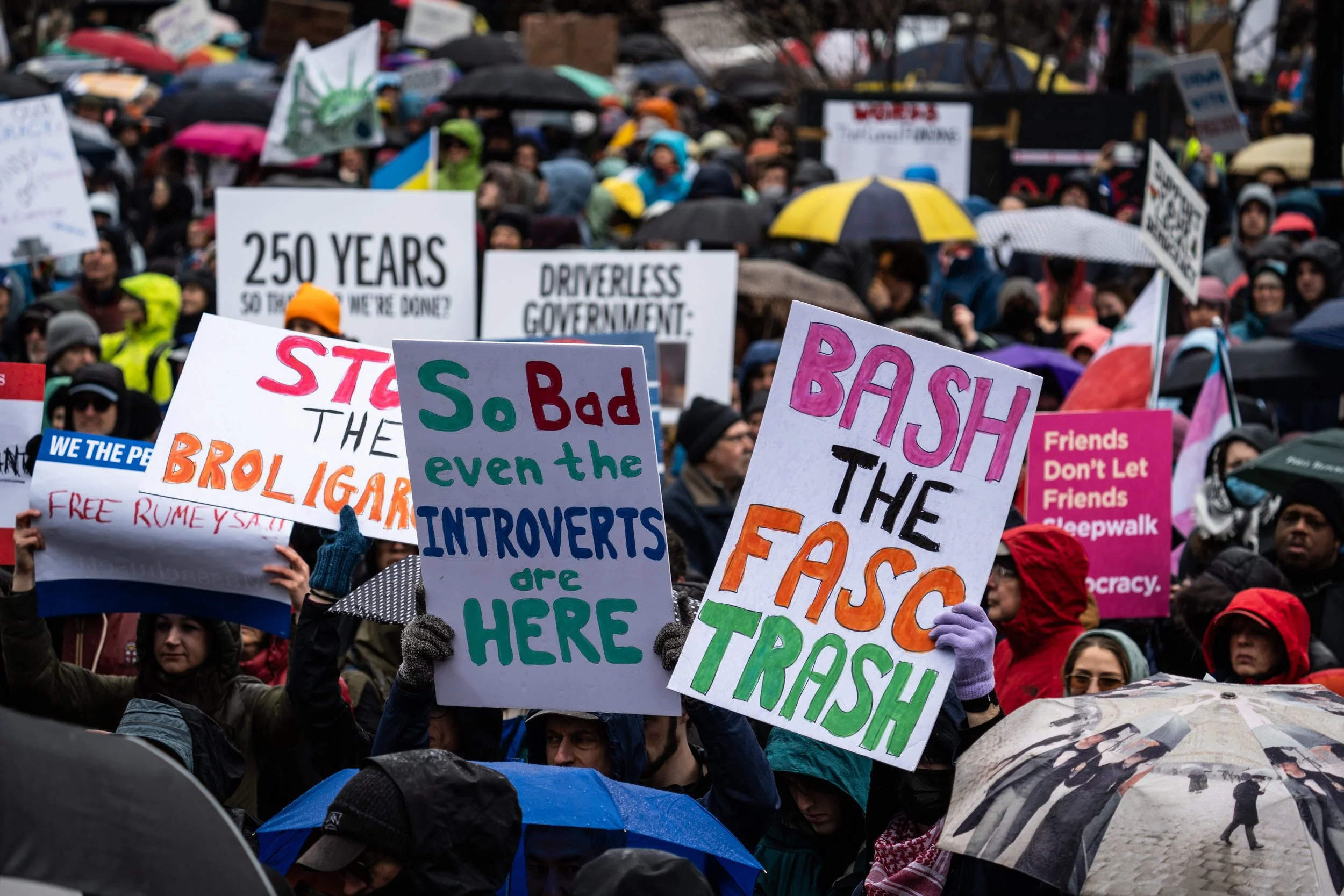 Crowded group of people holding various signs at Mass 50501 protest.