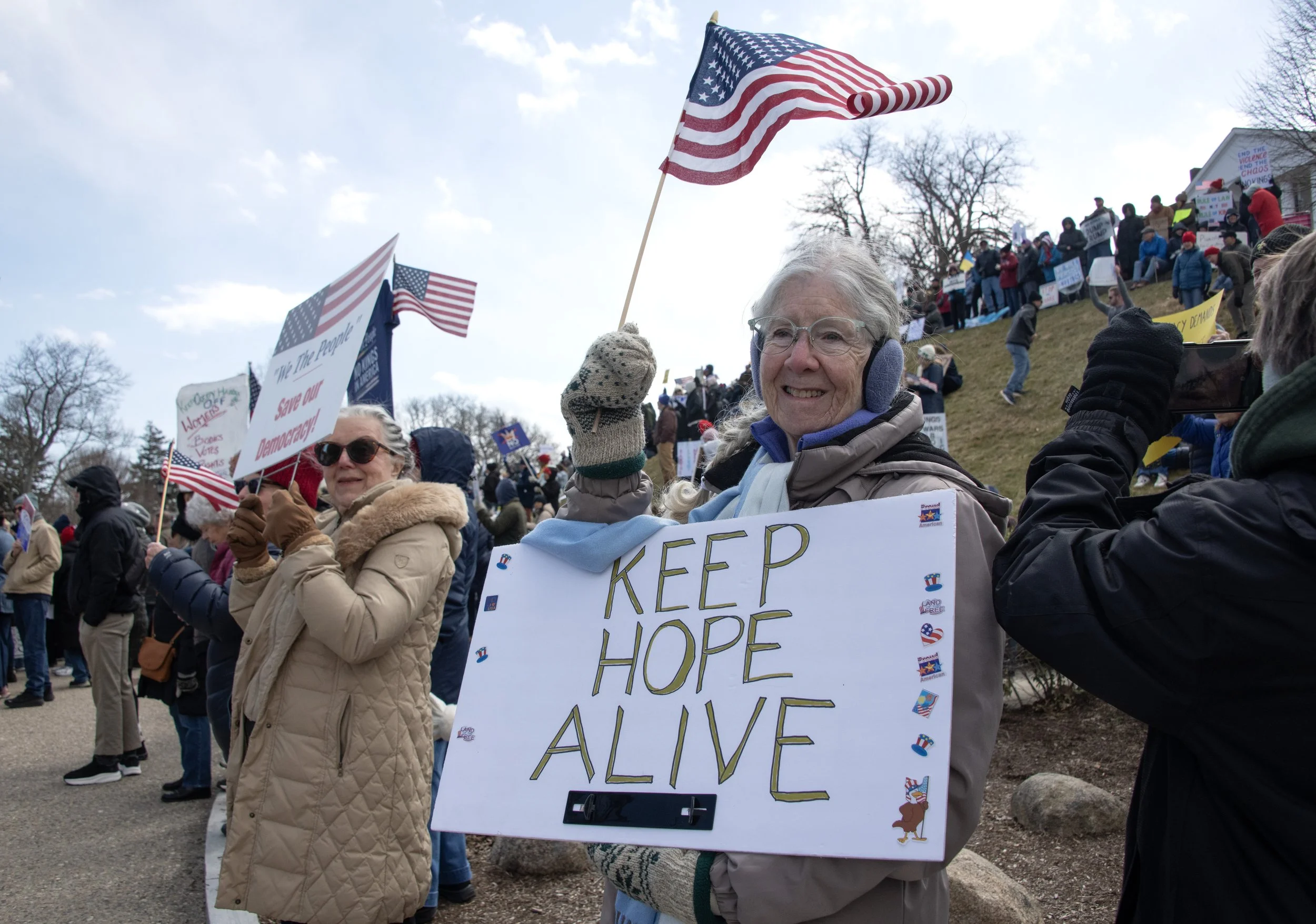 Older woman holding sign that says "Keep Hope Alive" at No Kings III in Plymouth by Mass 50501.