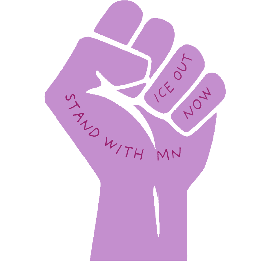 A purple fist with the words "Stand with MN. Ice Out Now"