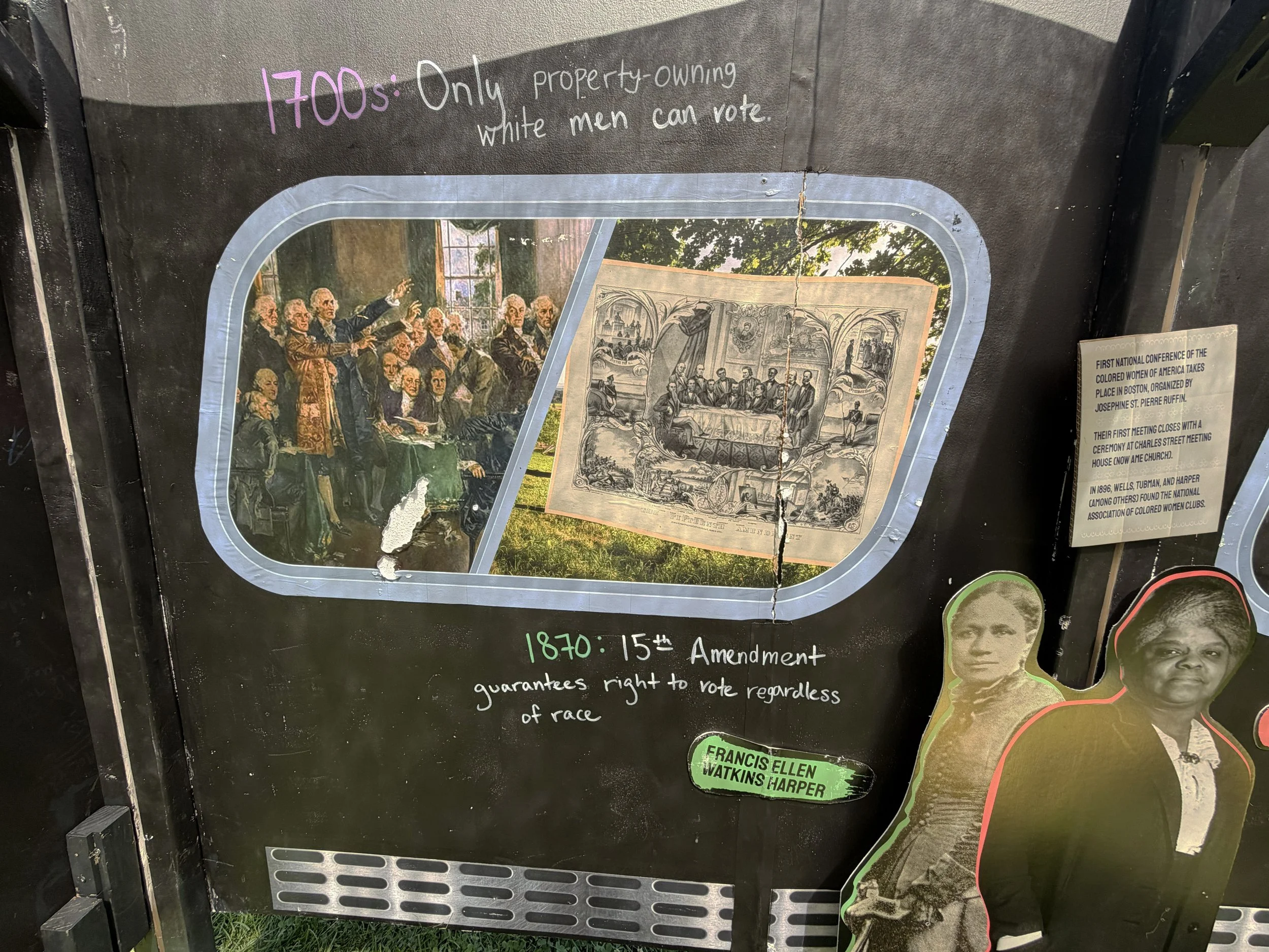 The words “1700s: Only property-owning white men can vote” and “1870: 15th Amendment guarantees right to vote regardless of race”, as well as pictures of voting-rights activists Frances Ellen Watkins Harper and Ida B. Wells.