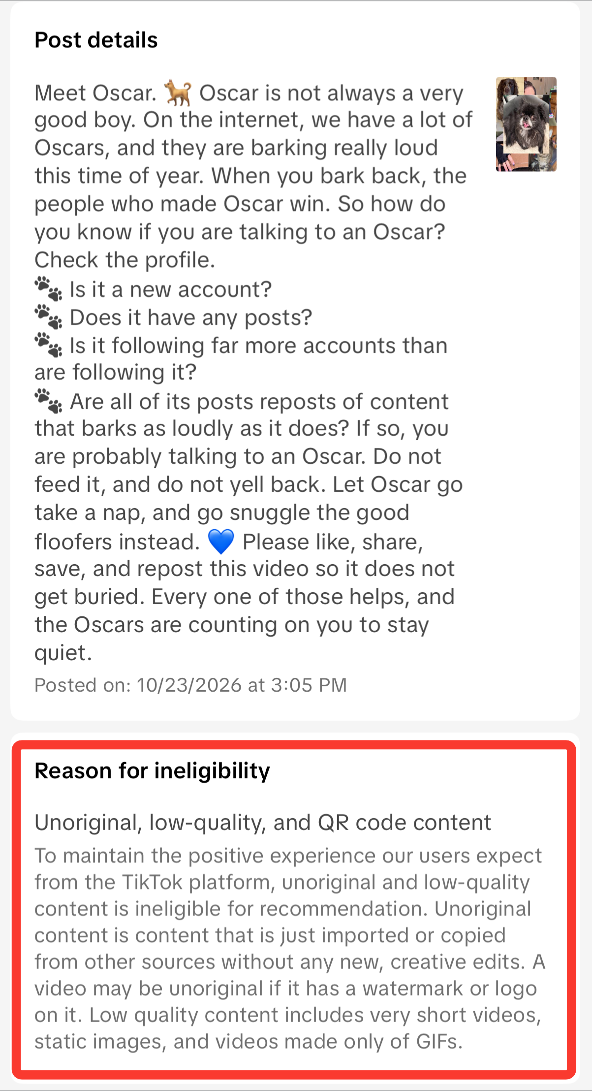 A caption for a TikTok video referring to a dog named Oscar above a “Reason for ineligibility” claiming “Unoriginal, low-quality, and QR code content”.