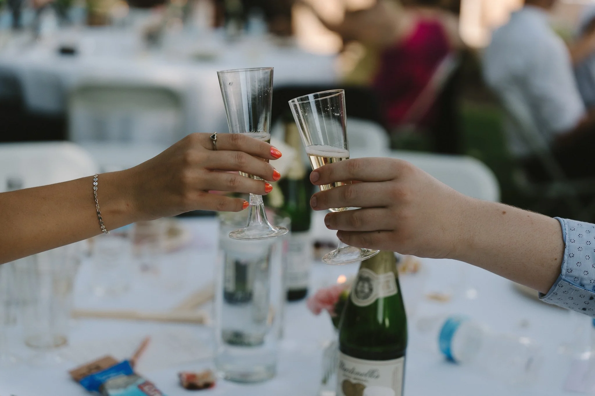 Two people clinking champagne flutes at a celebration or gathering, with a table and other blurred guests in the background.