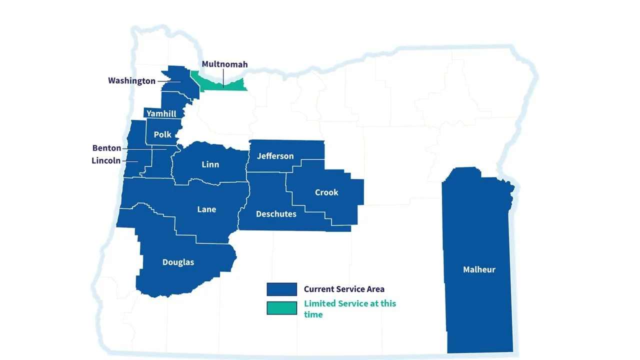 Outline of the state of Oregon with a dozen counties in blue and one in green.