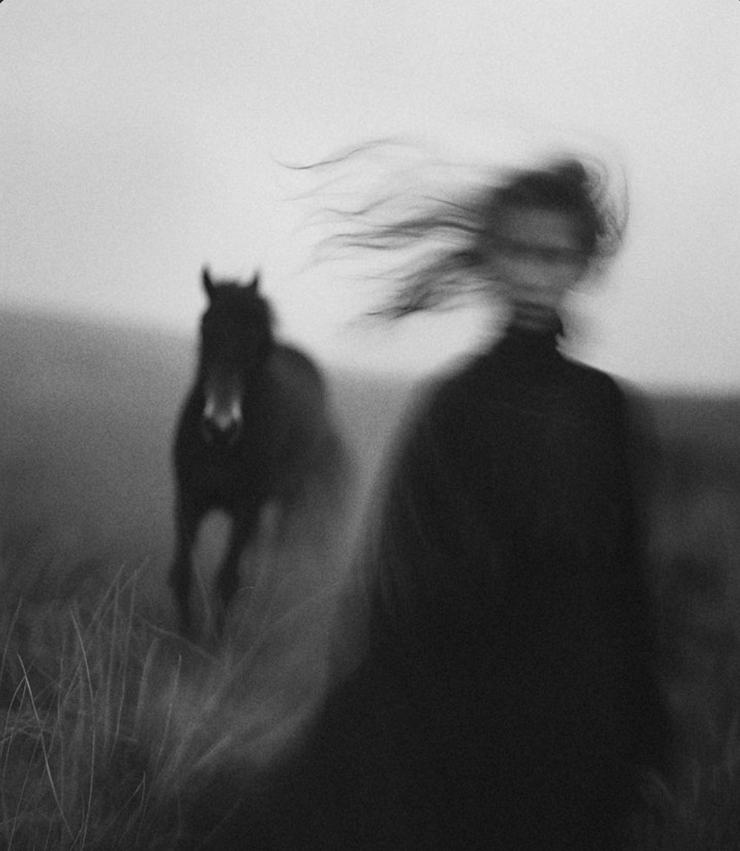 Black and white photo of a woman with long hair blown by the wind and a horse standing in an open field, both appearing blurry and out of focus, creating a dreamy and mysterious atmosphere. A creative and moody interpretation of equine therapy.