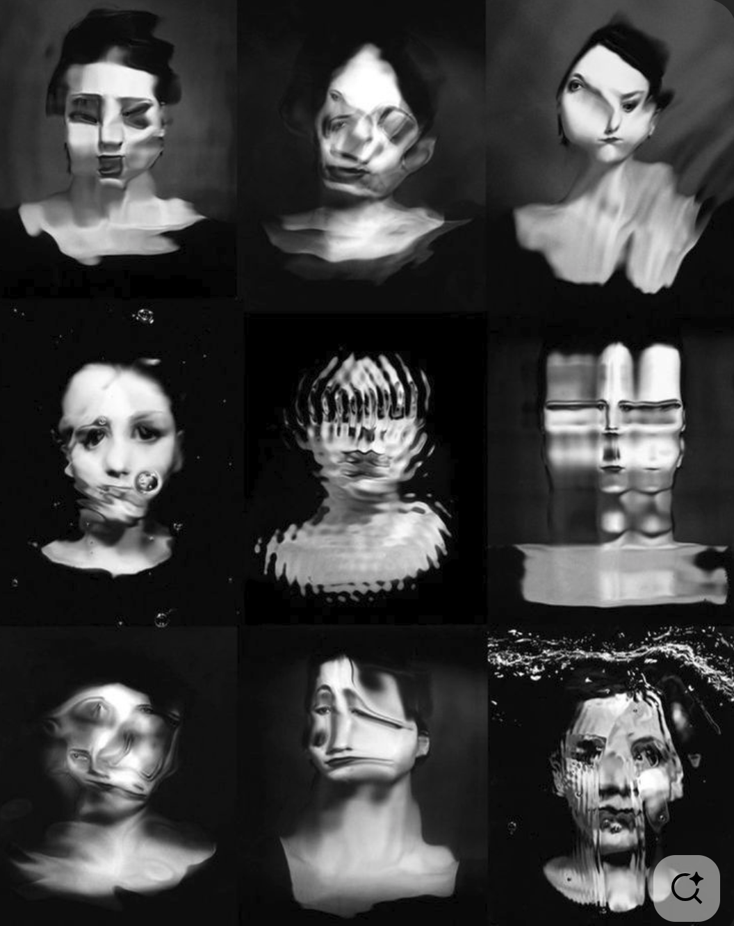 A collage of nine black-and-white distorted portraits of different people, with various visual effects that warp their faces and heads. A creative interpretation of Internal Family Systems and Parts Work in psychotherapy.